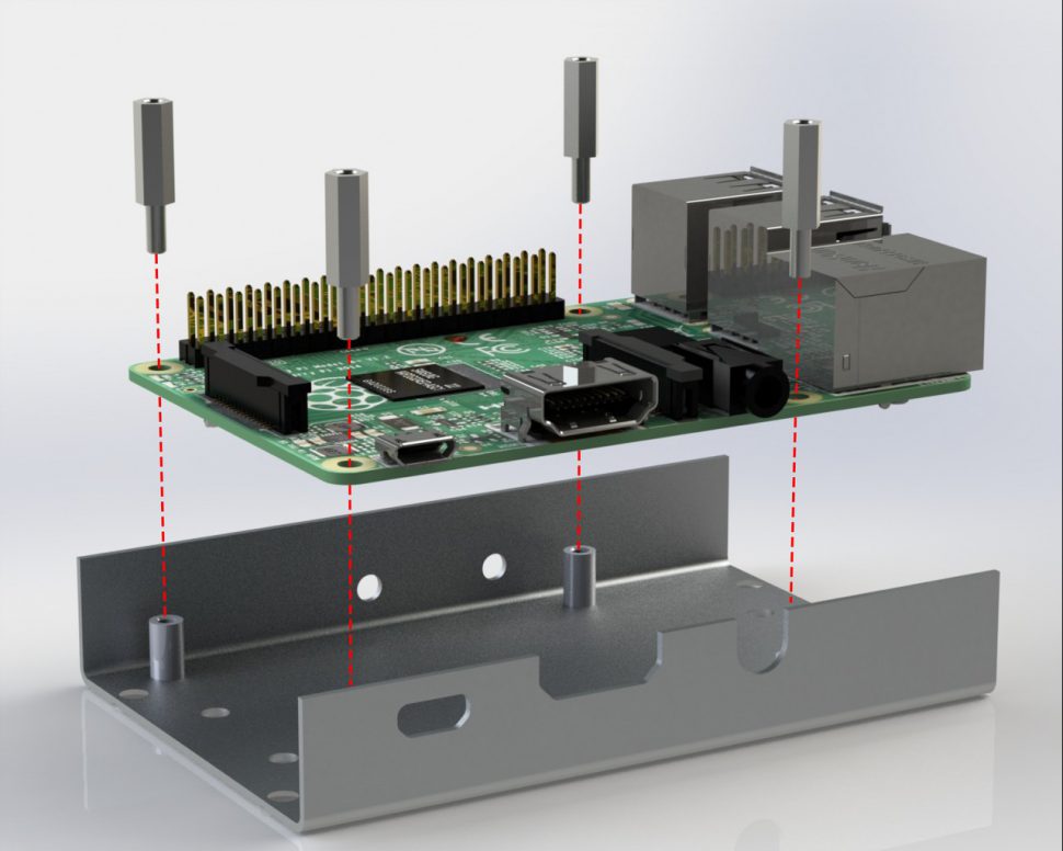 Metal spacers will fix the Raspberry Pi to the bottom part of the aluminium case.
