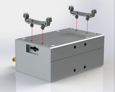 Mounting feet of the aluminium case for the Monarco HAT and Raspberry Pi. Horizontal mounting.