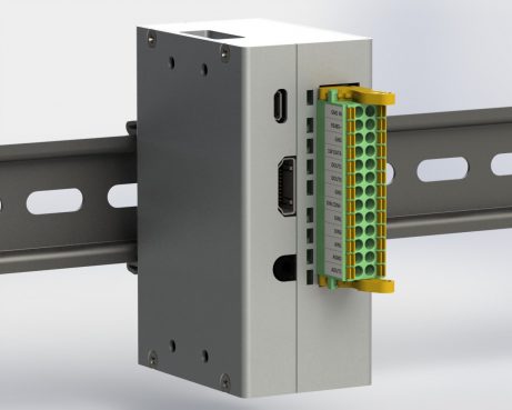 Monarco HAT and Raspberry Pi on a DIN rail - vertical mounting.