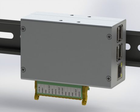 Monarco HAT and Raspberry Pi on a DIN rail - horizontal mounting.