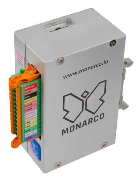 Monarco HAT and Raspberry Pi in a DIN-rail enclosure, vertical