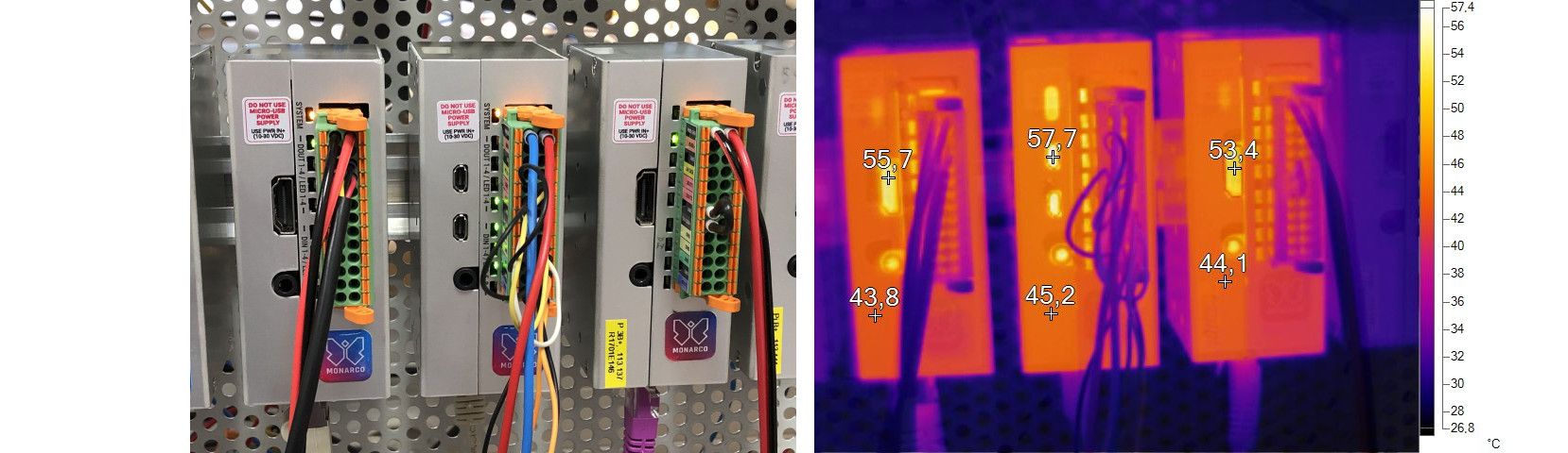 Infrared photo of Monarco HAT on a DIN rail, Raspberry Pi 3 and 4