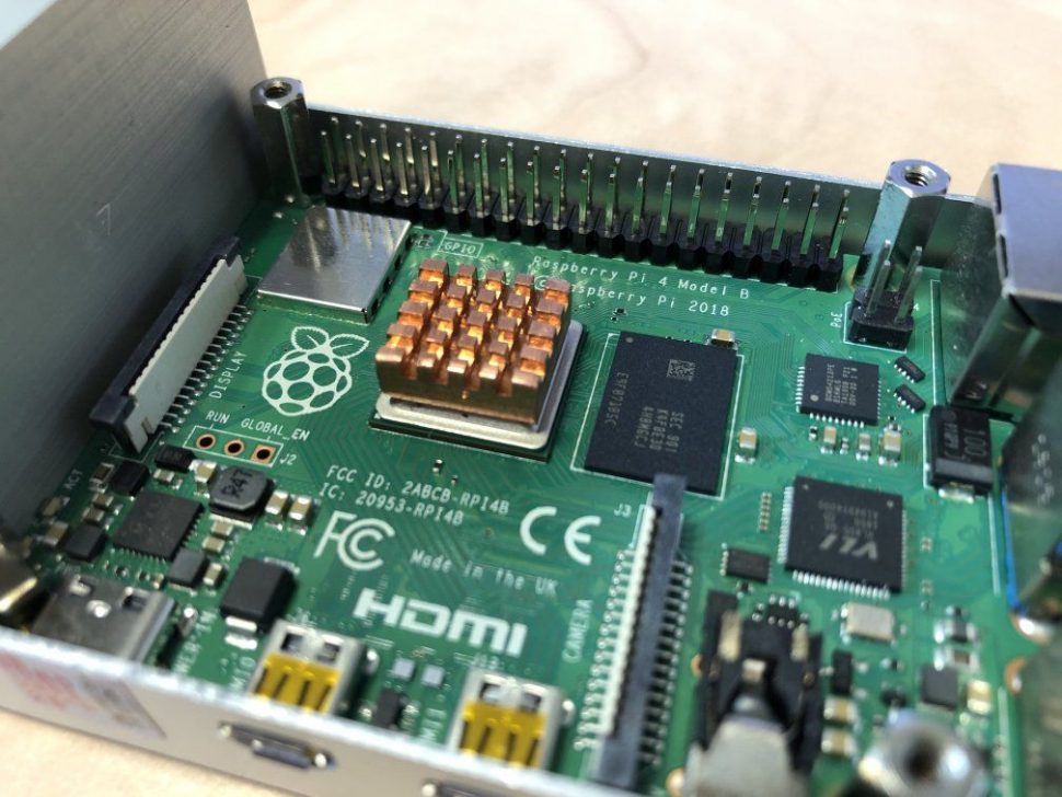 Copper heatsink mounted on CPU of Raspberry Pi 4