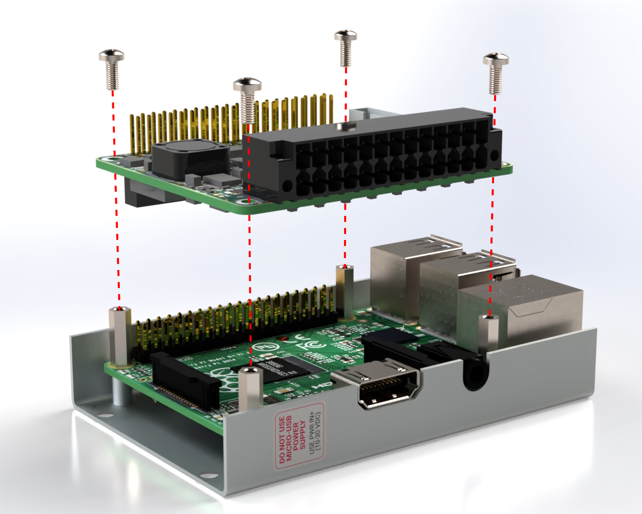 Put Monarco HAT on top of Raspberry Pi and tighten it with screws.