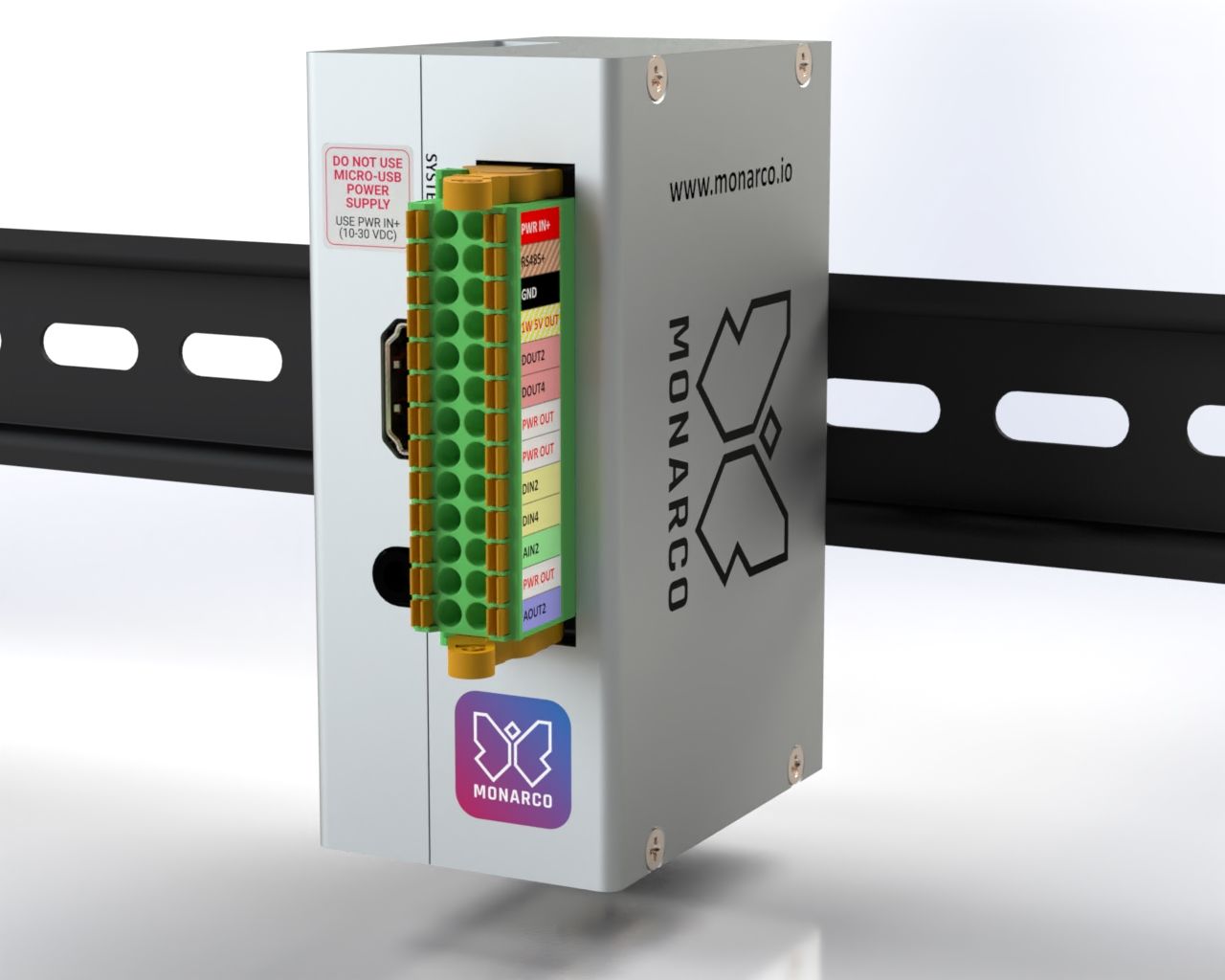 Monarco HAT and Raspberry Pi on a DIN rail - vertical mounting.
