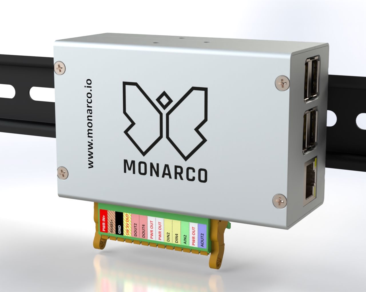 Monarco HAT and Raspberry Pi on a DIN rail - horizontal mounting.